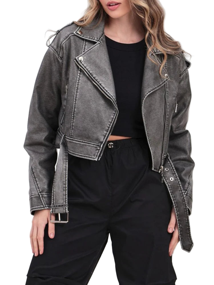 Veste avec ceinture courte pu faux cuir pour femme