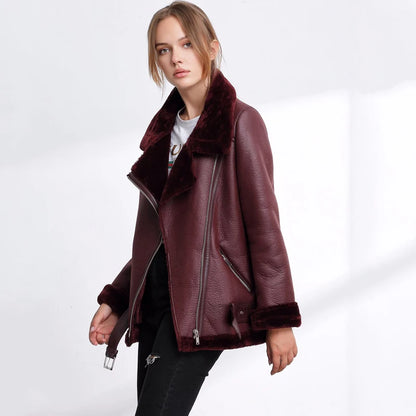 Veste en faux cuir d'agneau  col de fourrure pour femmes