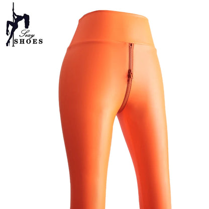 Leggings moulants sexy pour femmes, taille haute, en cuir PU, extensible, slim à double fermeture éclair, entrejambe ouvert,