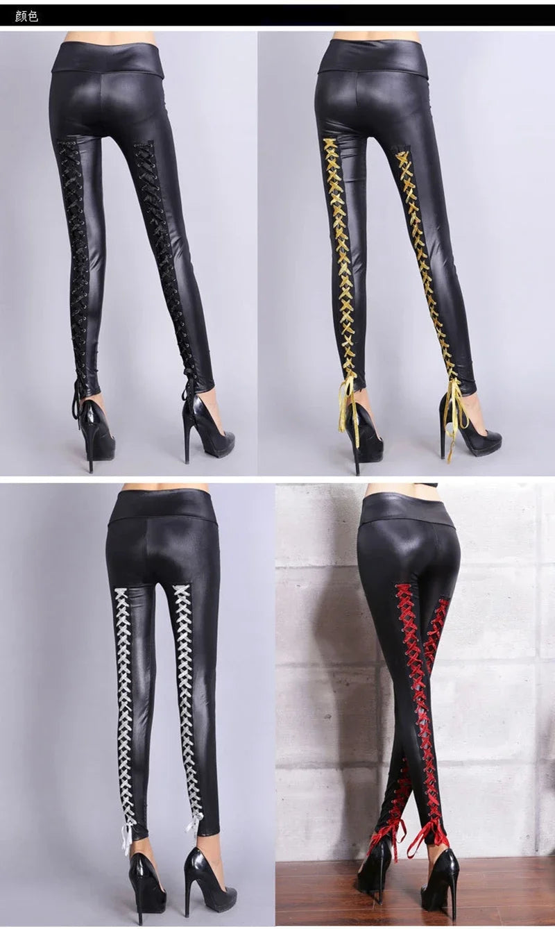 Pantalon en cuir sexy en dentelle pour femme, leggings en PVC