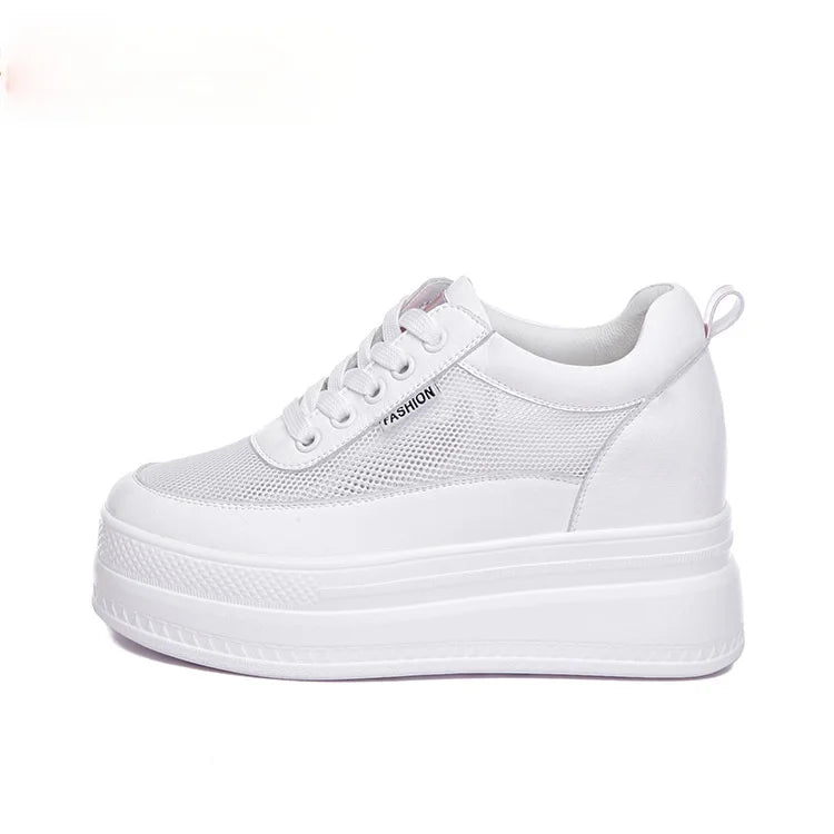 Baskets à semelle compensée, chaussures d'été blanches en cuir véritable de vache, 9cm