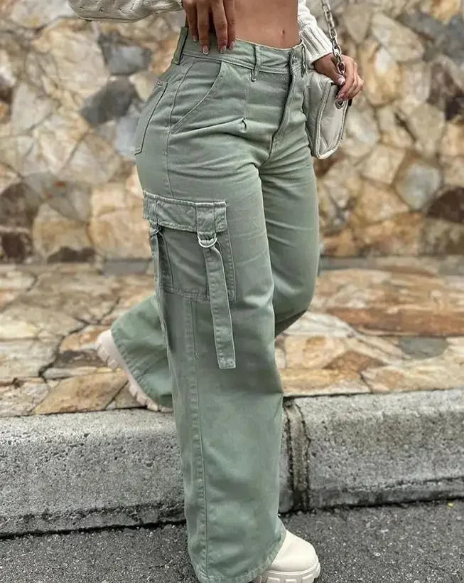 Pantalon cargo droit taille haute pour femme, élégant, uni, multi-poches, style vintage