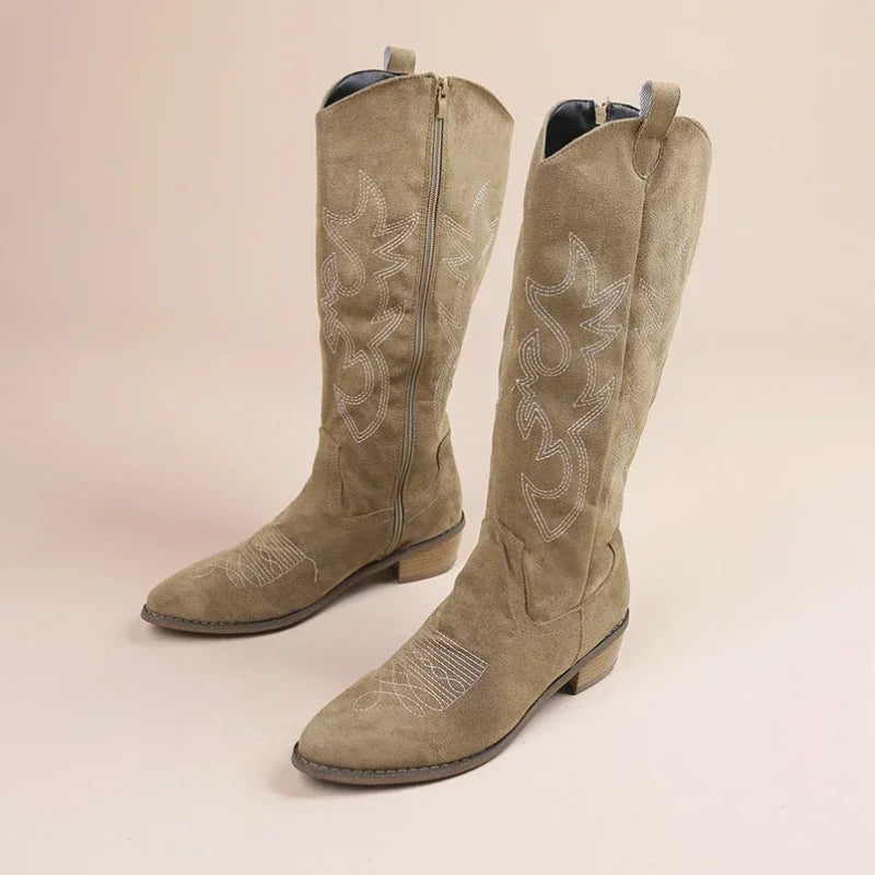 Bottes de cowboy occidentales brodées pour femmes, hautes au genou, cuir PU