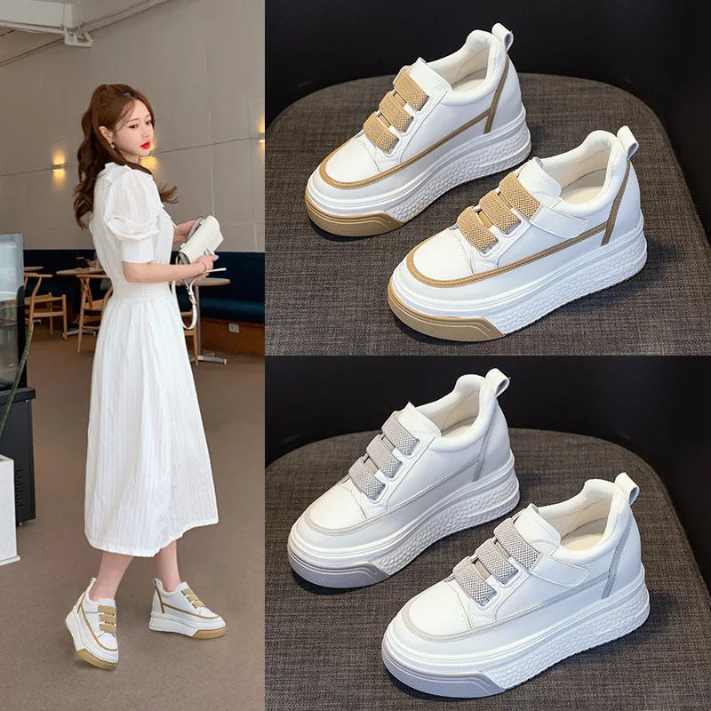 Baskets à plate-forme compensée en cuir véritable pour femmes