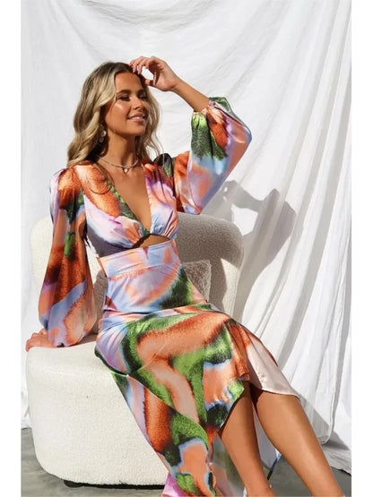 Robe longue en Satin pour femmes, Sexy, moulante, imprimé Tie Dye, manches longues, décolleté en v profond, ajouré