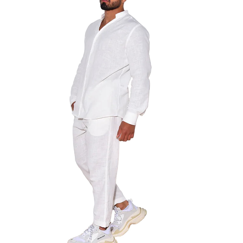 Ensemble deux pièces décontractée à manches longues et col montant en coton et chanvre pour hommes