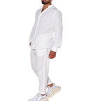 Ensemble deux pièces décontractée à manches longues et col montant en coton et chanvre pour hommes