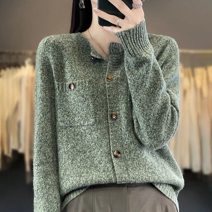 Pull cardigan en laine avec poches pour femmes, col rond, haut à manches longues