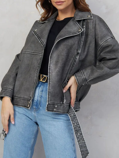 veste en Faux cuir Pu pour femme, Streetwear, Vintage, ample, manteau avec ceinture à fermeture éclair