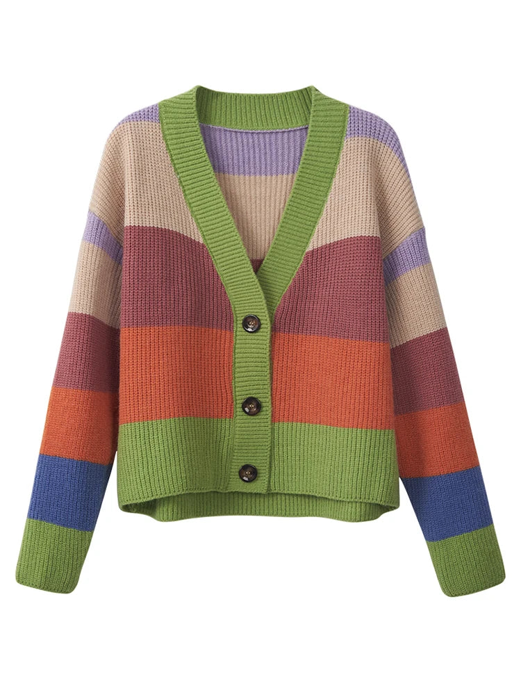 Cardigan tricoté rayé pull  arc-en-ciel couture ouverte pour femmes