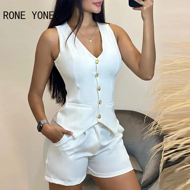 Ensemble gilet et short boutonné à col en V pour femme