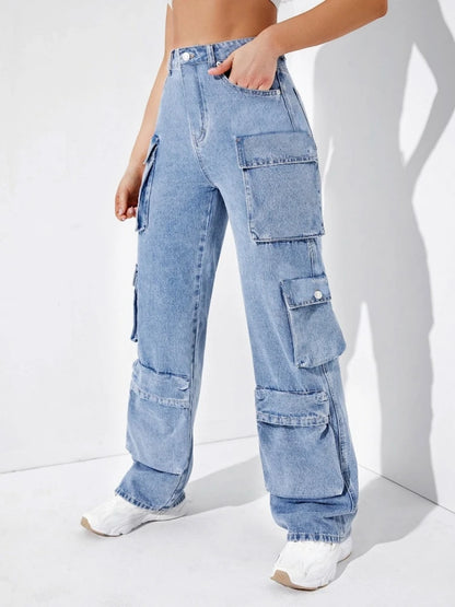 Jeans taille haute pour femmes, multi-poches  Cargo Pantalon décontracté