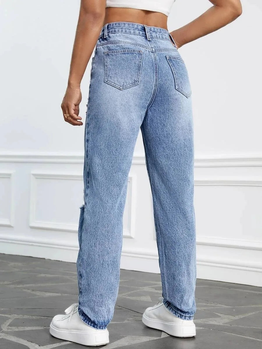 Jeans déchiré taille haute pour femmes mode adt Slim jambe droite