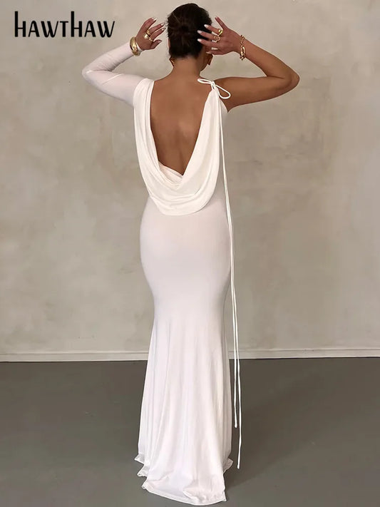 robe longue blanche élégante à manches longues pour femmes, tenue de soirée moulante