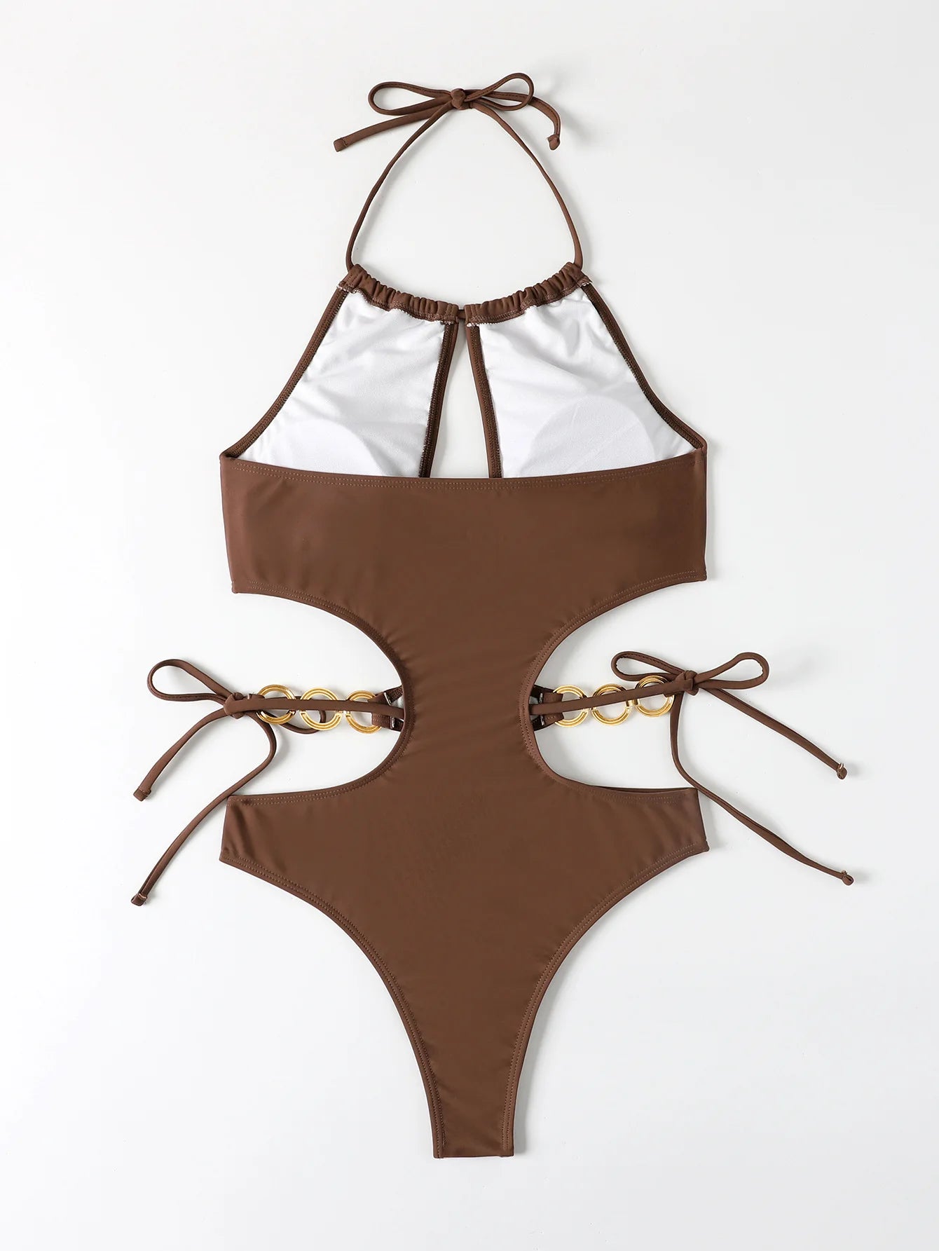 Maillot de bain une pièce marron, sexy, découpé, col haut, anneau en métal pour femmes