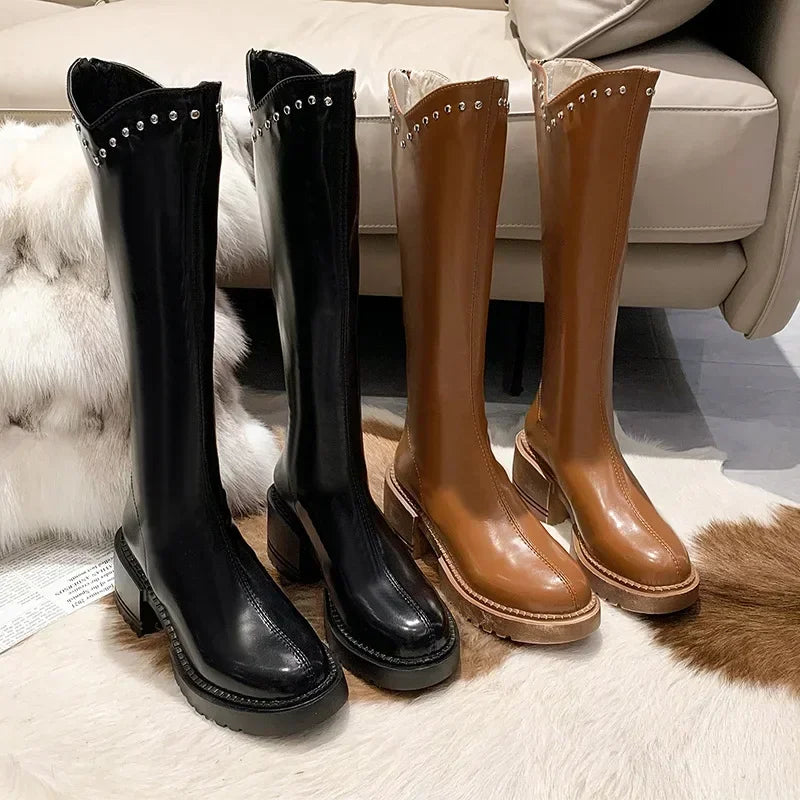 Bottes Hautes en Cuir Souple à Talons Hauts, Chaussures à Plateforme, à Rivets Rétro  pour femmes