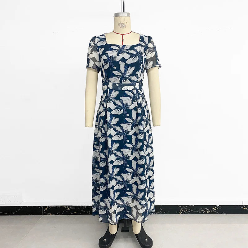 Robe longue à col carré et imprimé rétro pour femmes