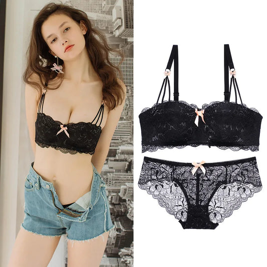 Ensemble de Lingerie Soutien-gorge Push Up et culotte en dentelle Floral évider