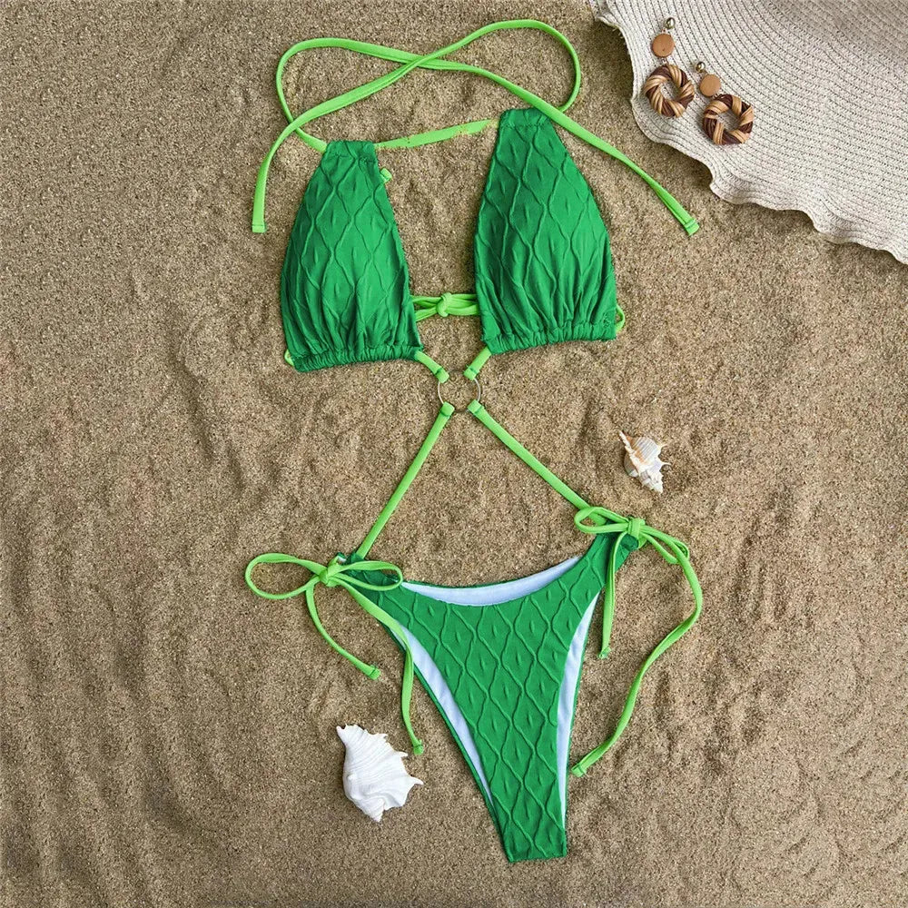 de bain une pièce évider String à lacets pour femmes