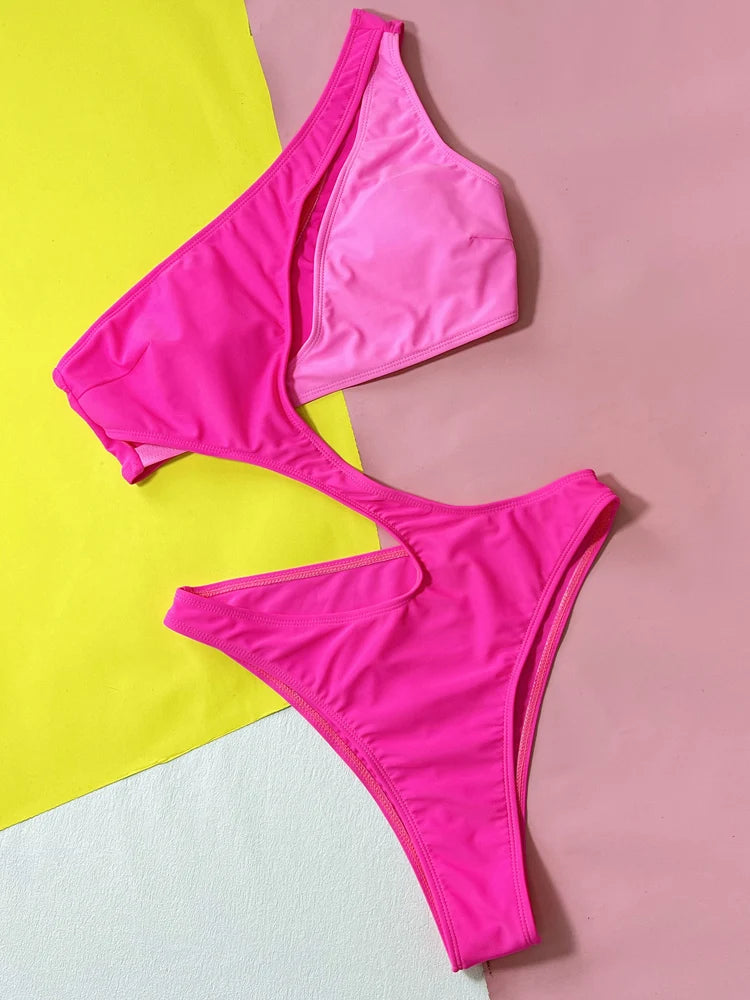 maillots de bain pour femme coupe haute évider une épaule épissage une pièce