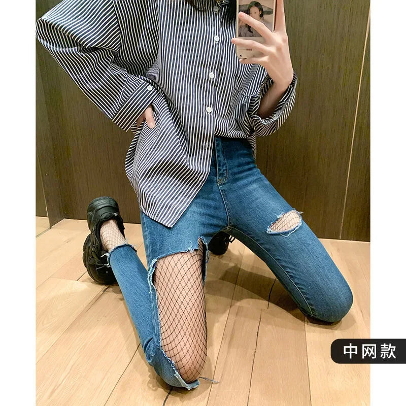 Bas résille gothiques collants noirs pour femmes