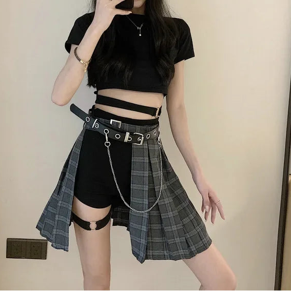 Jupe punk à carreaux taille haute plissées pour femmes