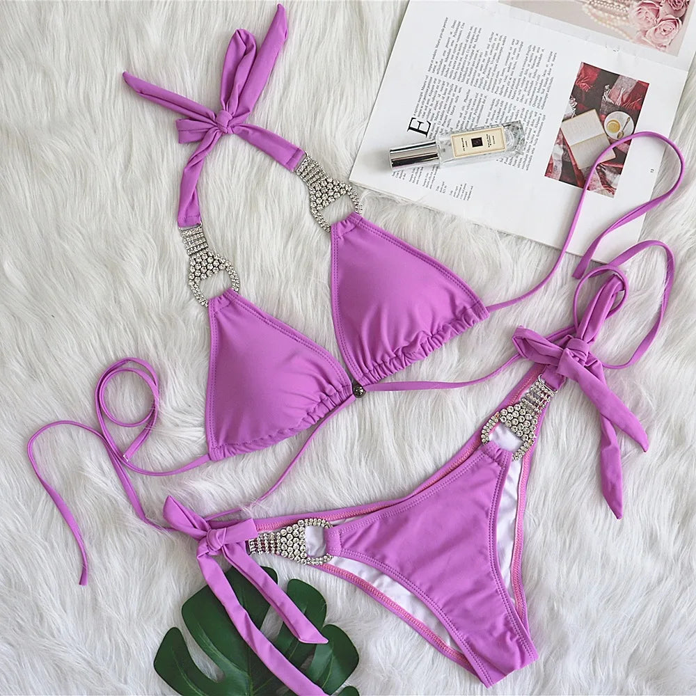 Maillot de bain deux pièces imprimé léopard pour femme, bikini sexy en cristal et biscuits