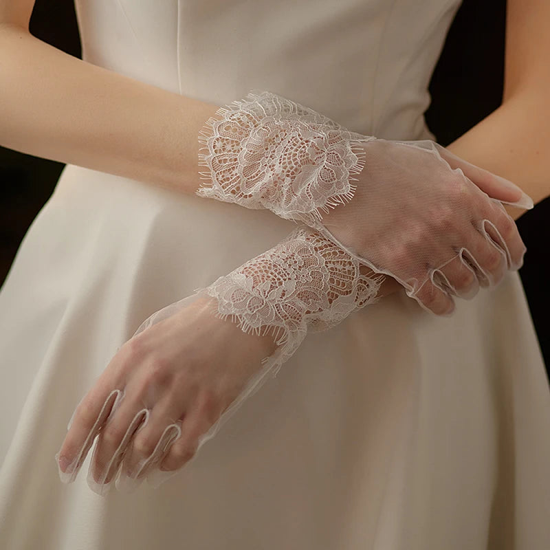 Gants de Poignet Courts en Dentelle et Tulle Blanc pour Femme