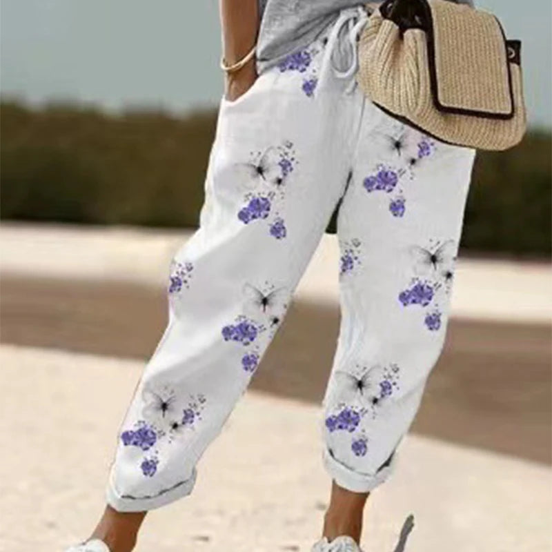 Pantalon Vintage imprimé Floral pour femmes, ample, longueur cheville, poches en coton et lin