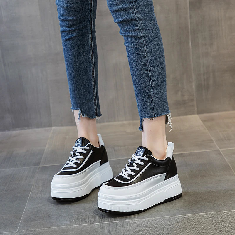 Baskets à plateforme en cuir véritable pour femmes
