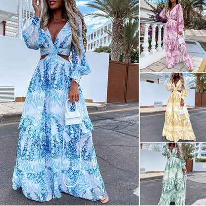 Robe longue à imprimé Floral, Sexy, col en V, fente latérale pour femmes