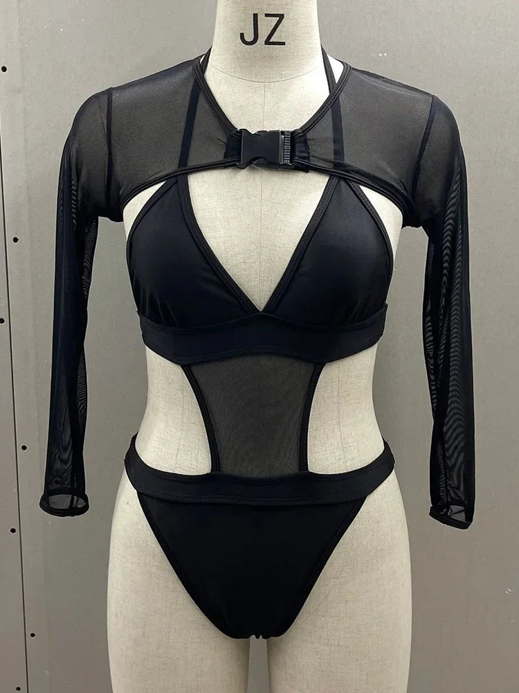 Maillot de bain une pièce à manches longues et découpes hautes pour femmes