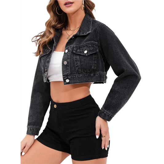 Veste en jean courte à manches longues et revers pour femmes, mode décontractée