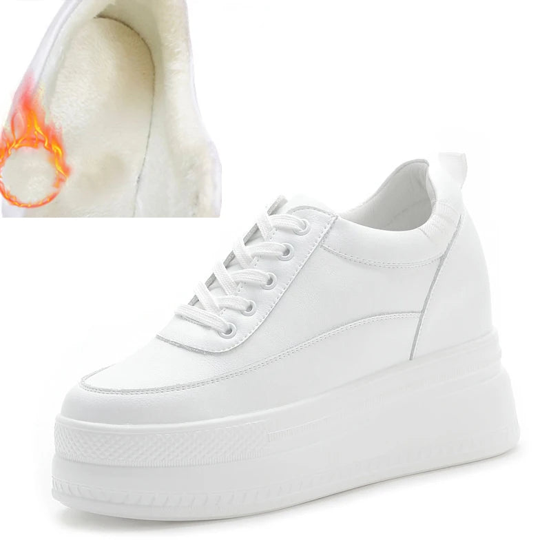 Baskets à semelle compensée, chaussures d'été blanches en cuir véritable de vache, 9cm