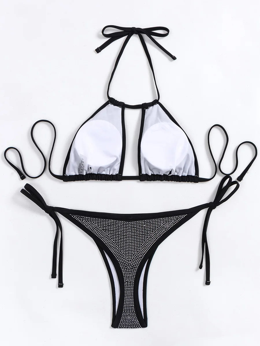 Bikini à paillettes brillantes pour femmes, maillot de bain deux pièces, col licou, amissié