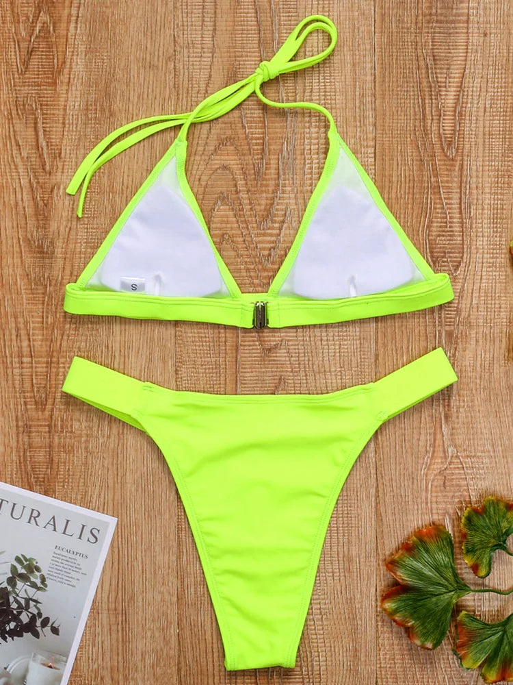 Maillot de bain brésilien vert néon, col licou, ensemble deux pièces pour femmes