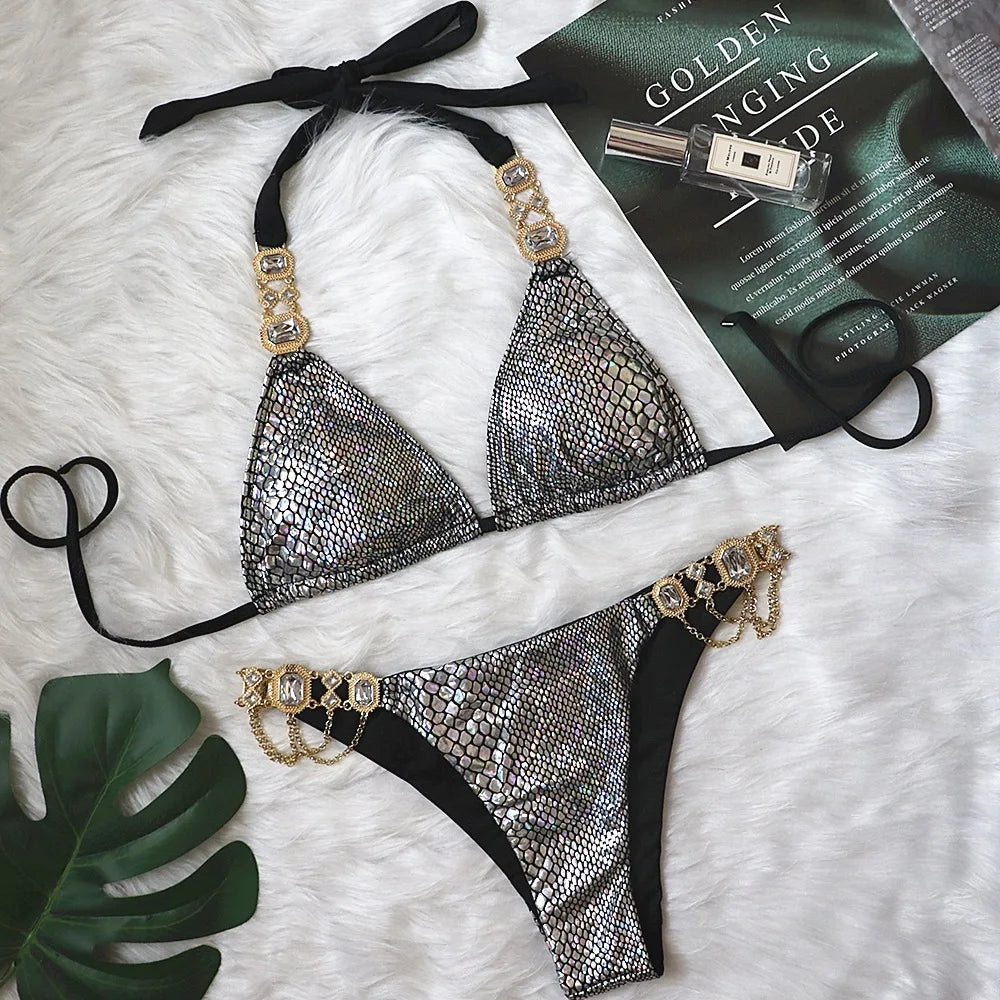 Maillot de bain deux pièces imprimé léopard pour femme, bikini sexy en cristal et biscuits