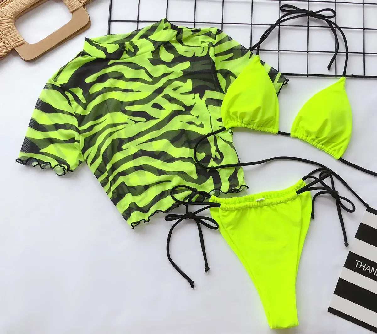 Maillot de bain bikini à manches courtes en maille vert fluo pour femme, ensemble de trois pièces