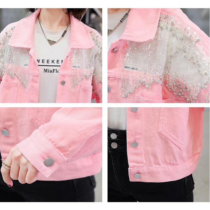 Veste en jean en paillettes diamant pour femmes