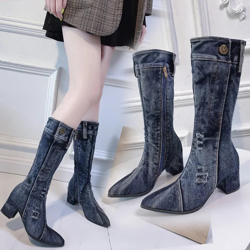 Bottes en Jean Sexy pour femmes, mi-mollet, fermeture éclair, talons hauts, élégantes