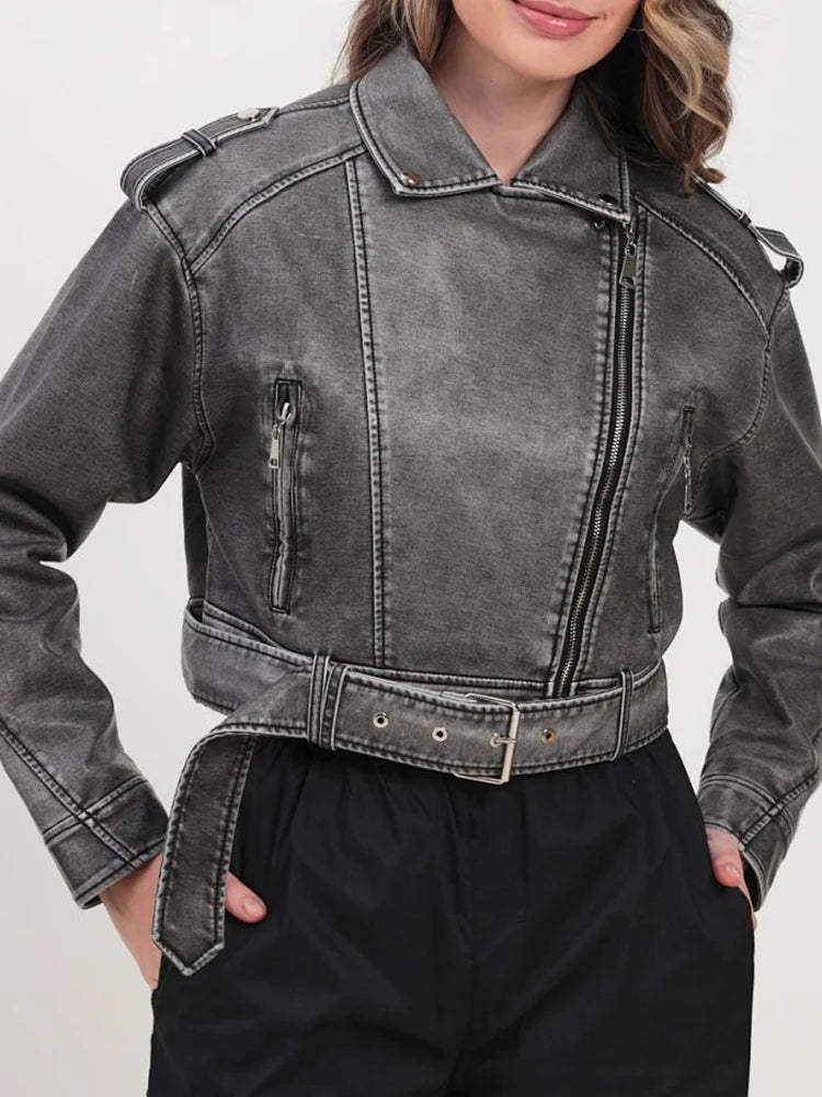 Veste avec ceinture courte pu faux cuir pour femme