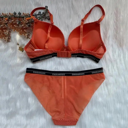 Ensemble soutien-gorge et culotte Push Up en dentelle avec lettres de couleur contrastée, sous-vêtements pour femmes