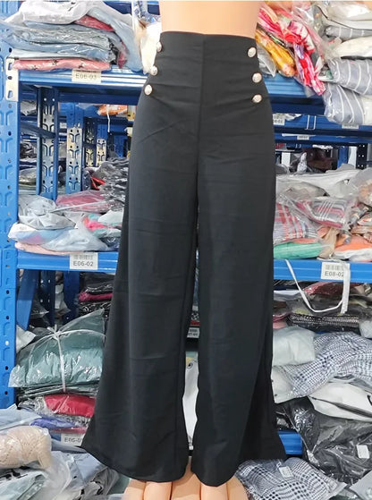 Pantalon large taille haute pour femme, pantalon décoratif avec boutons