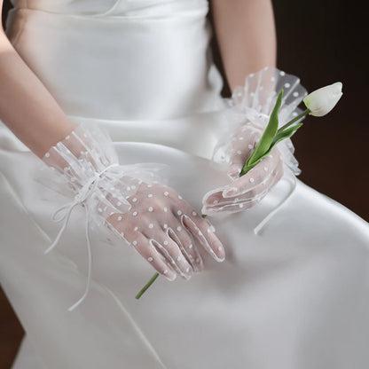 Gants courts en tulle à pois pour femmes, blancs, bord à volants, nœud de ruban