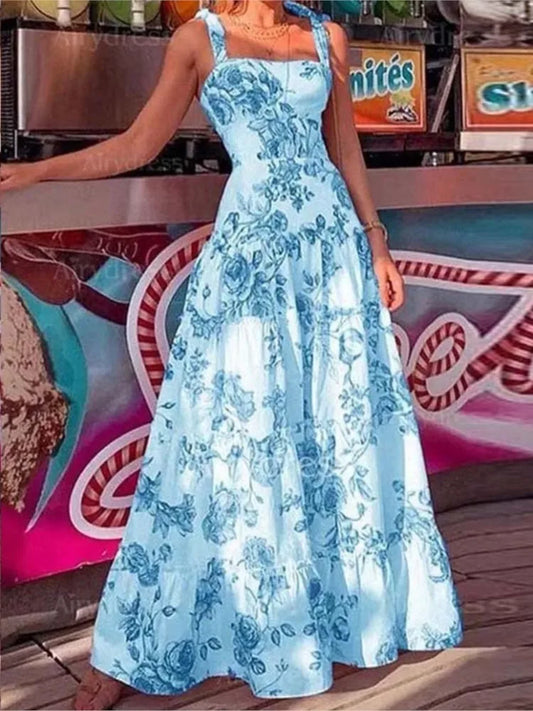 Robe longue pour femmes, imprimé floral, bretelles Spaghetti, taille haute, grande jupe