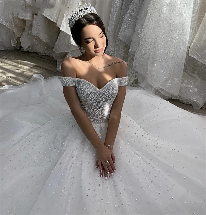 Robe De mariée princesse chérie avec perles, élégante, épaules dénudées, en Tulle