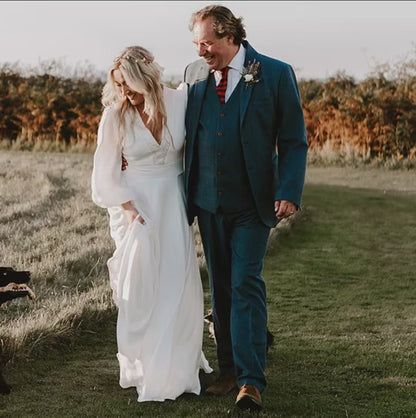 Robe De Mariée en mousseline De soie, col en v profond, manches longues, style bohème, fermeture éclair au dos, traîne