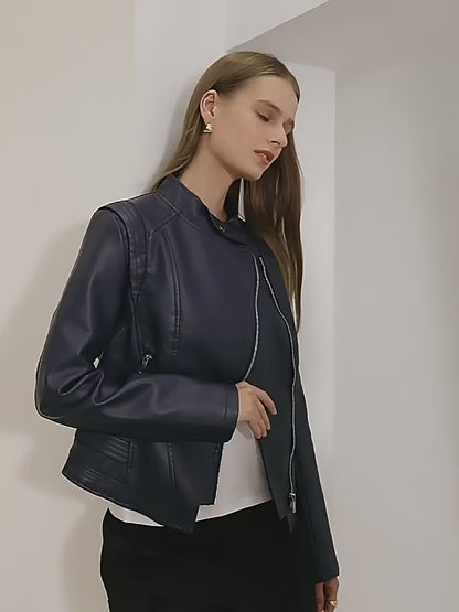 Blouson en Cuir PU pour Femme, Col Coloré, Manches sulf