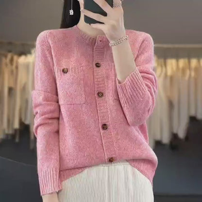 Pull cardigan en laine avec poches pour femmes, col rond, haut à manches longues